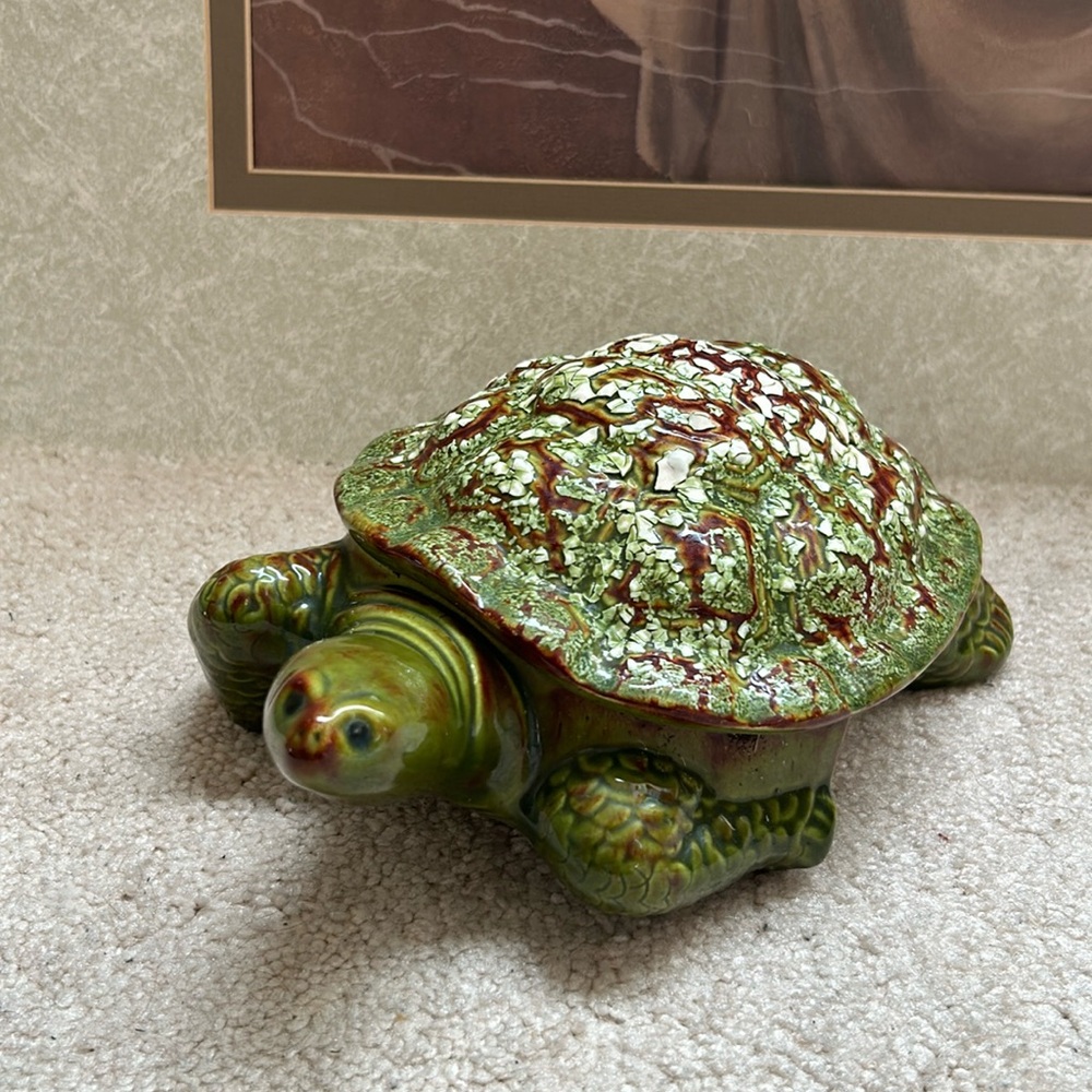 Vintage Holland Mold Ceramic Turtle Figurine Green Glazed Pottery